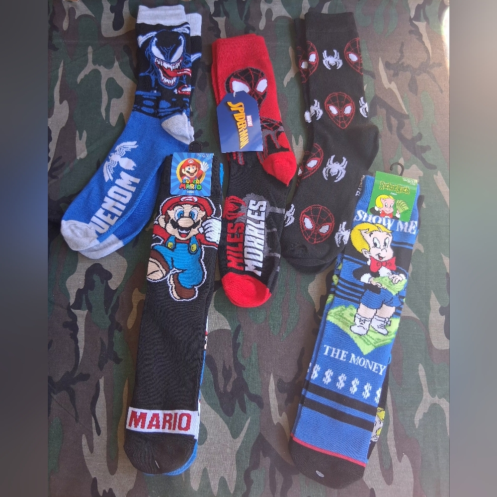 Mario Bros, Spider Man Socks Bundle, Brand New, 7 Pairs